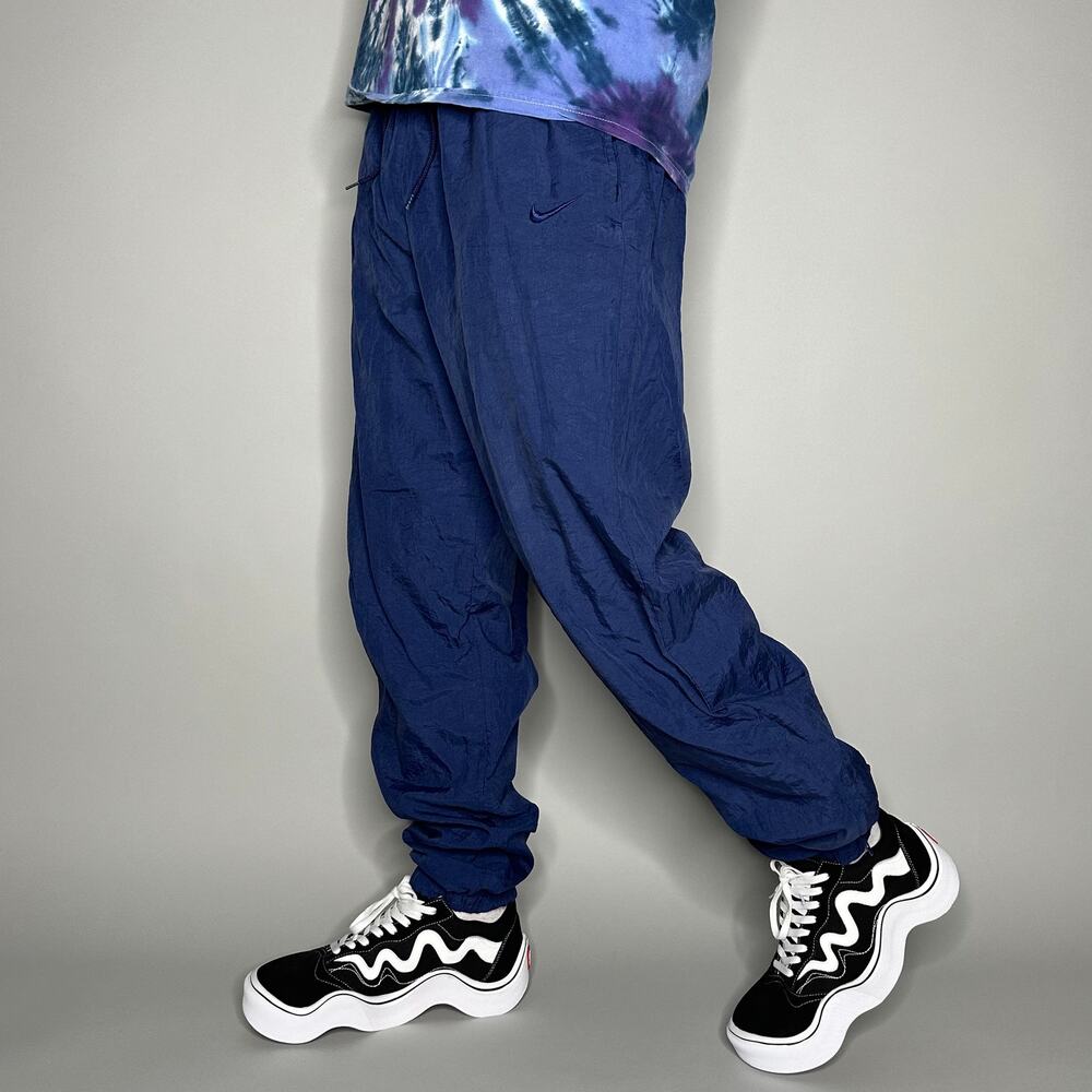 Vintage 90s Nike Track Pants Mens L Navy Blue Nylon Joggers Subtle Embroidered